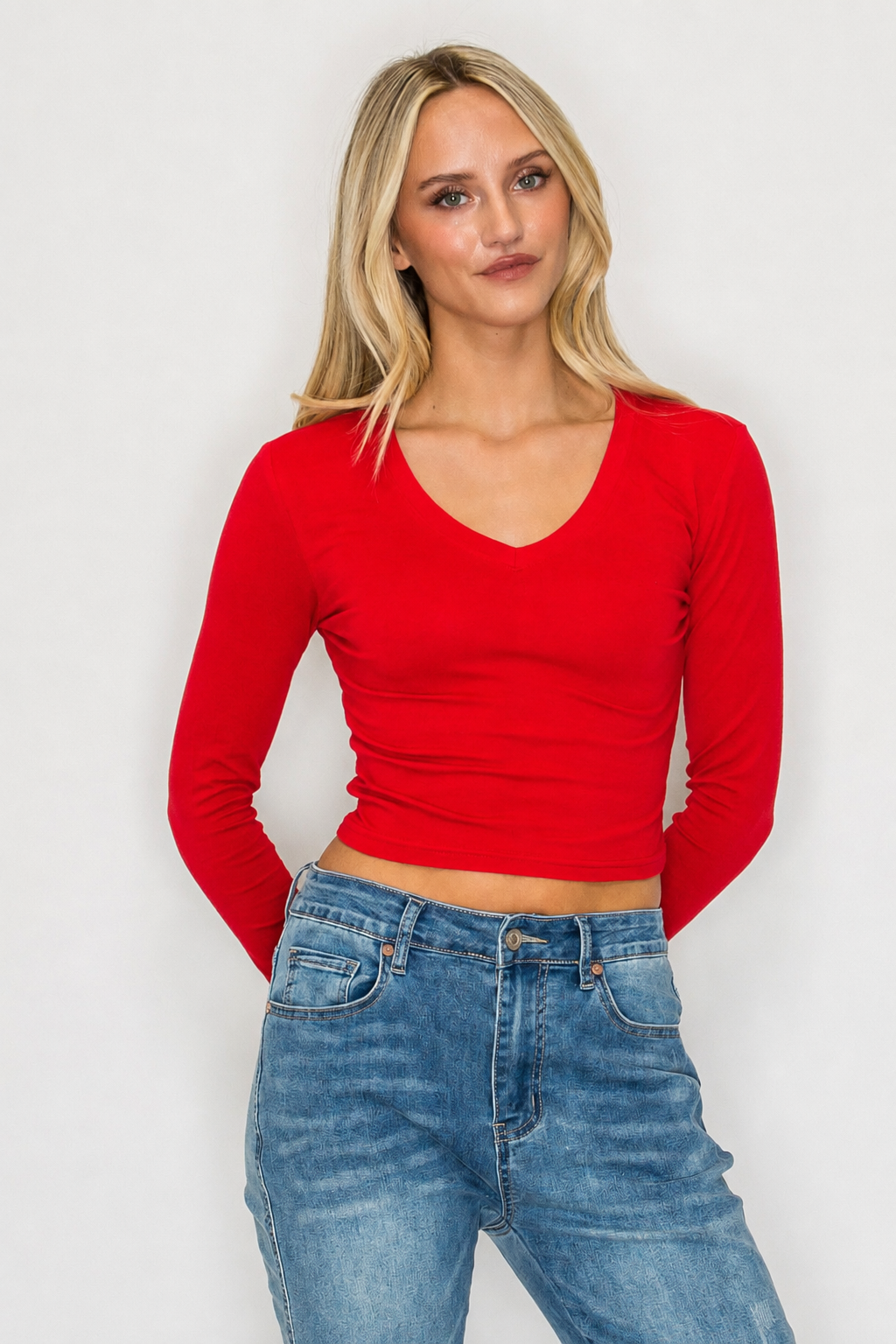 V-Neck Long Sleeve Crop T-Shirt