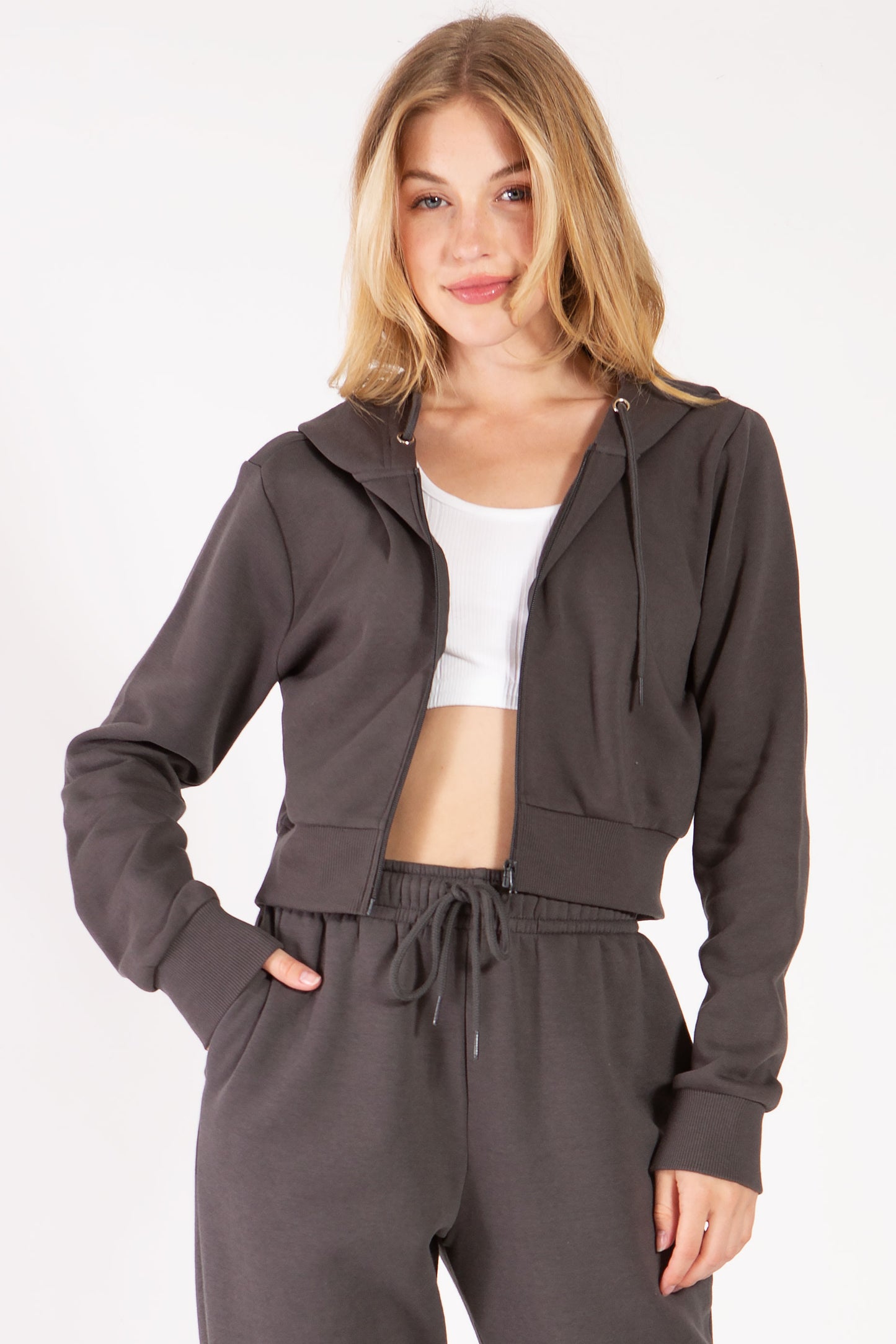 Cropped Fleece Zip Up Hoodie