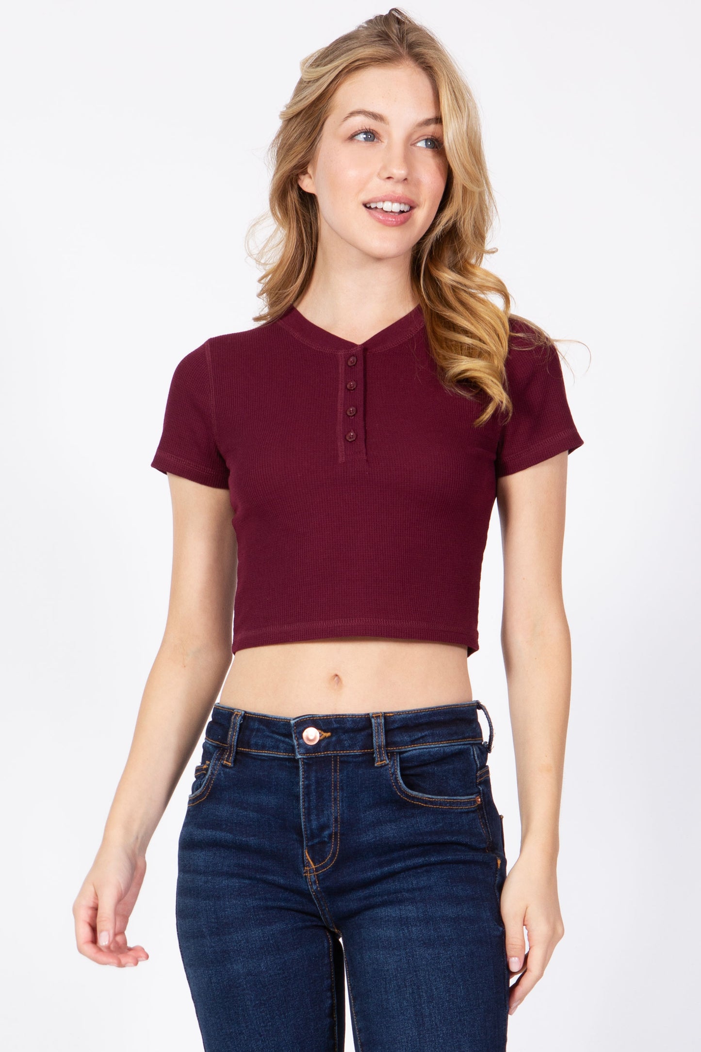 Cropped Henley Neck Thermal Top