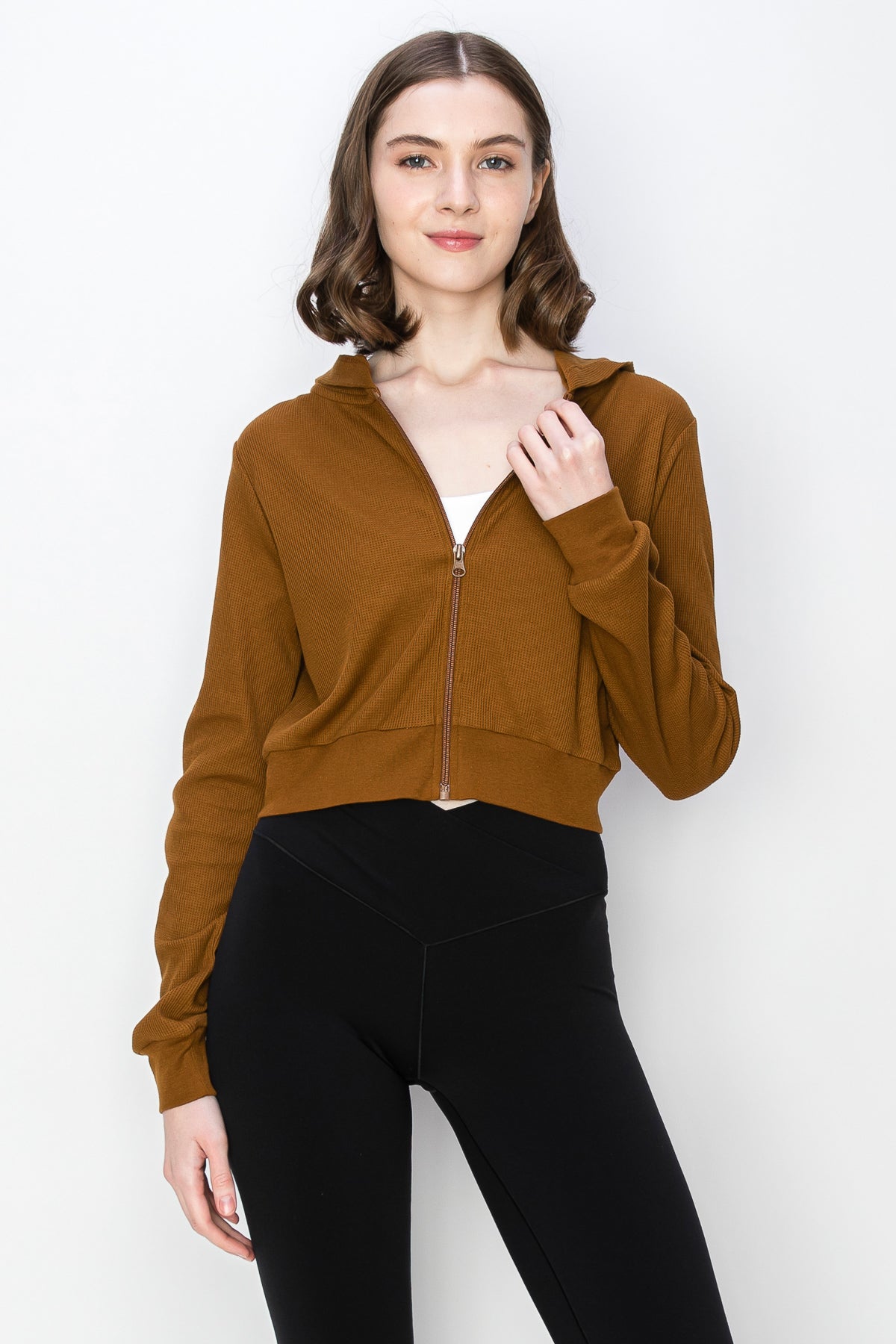 Cropped Zip Up Thermal Hoodie Jacket