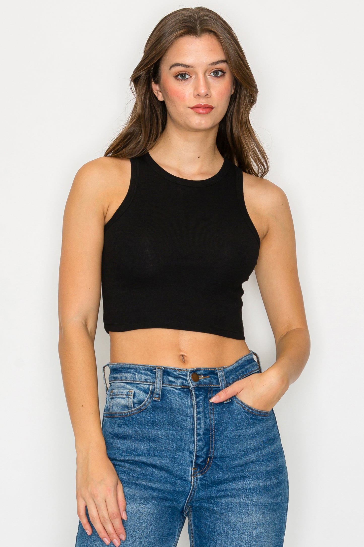 Cropped High Neck Ribbed Tank Top