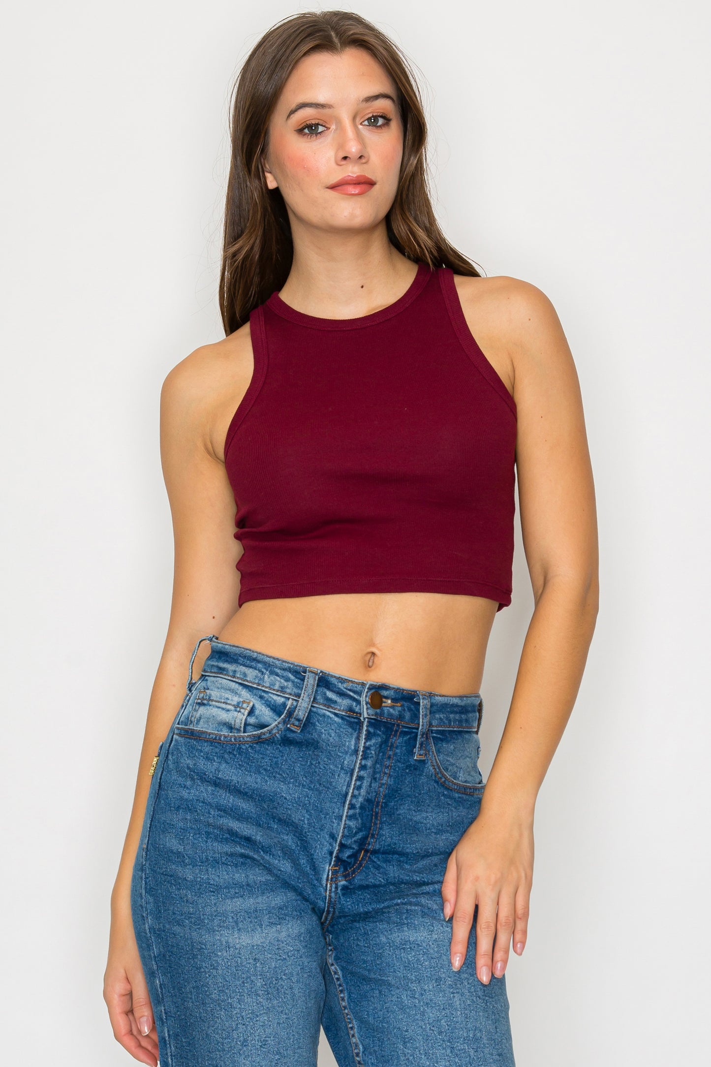 Cropped High Neck Ribbed Tank Top