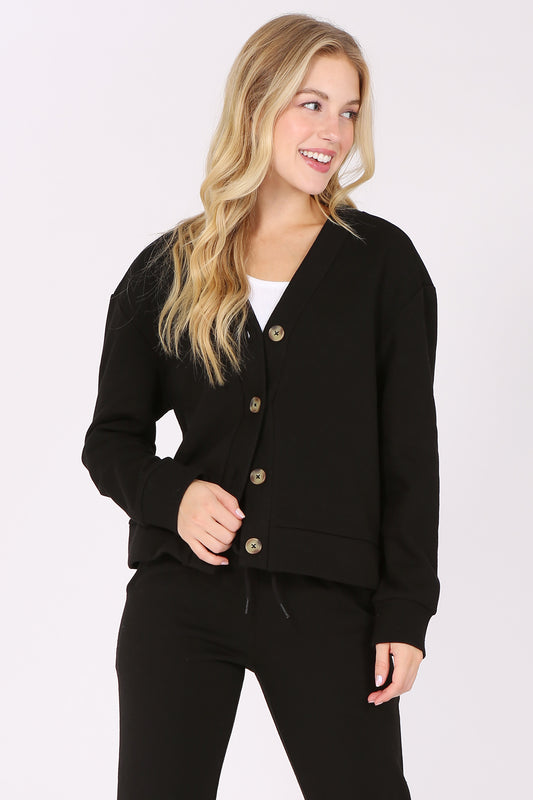 V Neck Button Front Fleece Cardigan