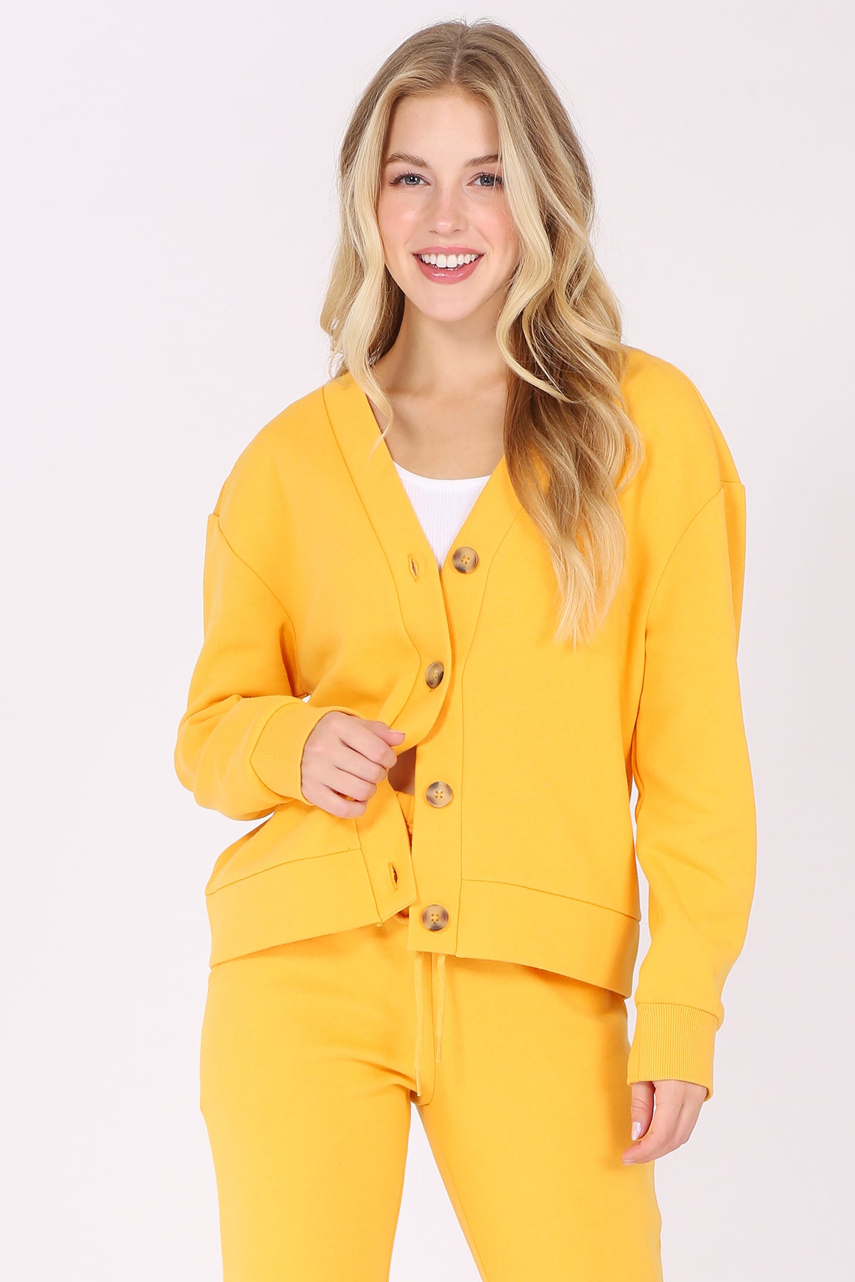V Neck Button Front Fleece Cardigan