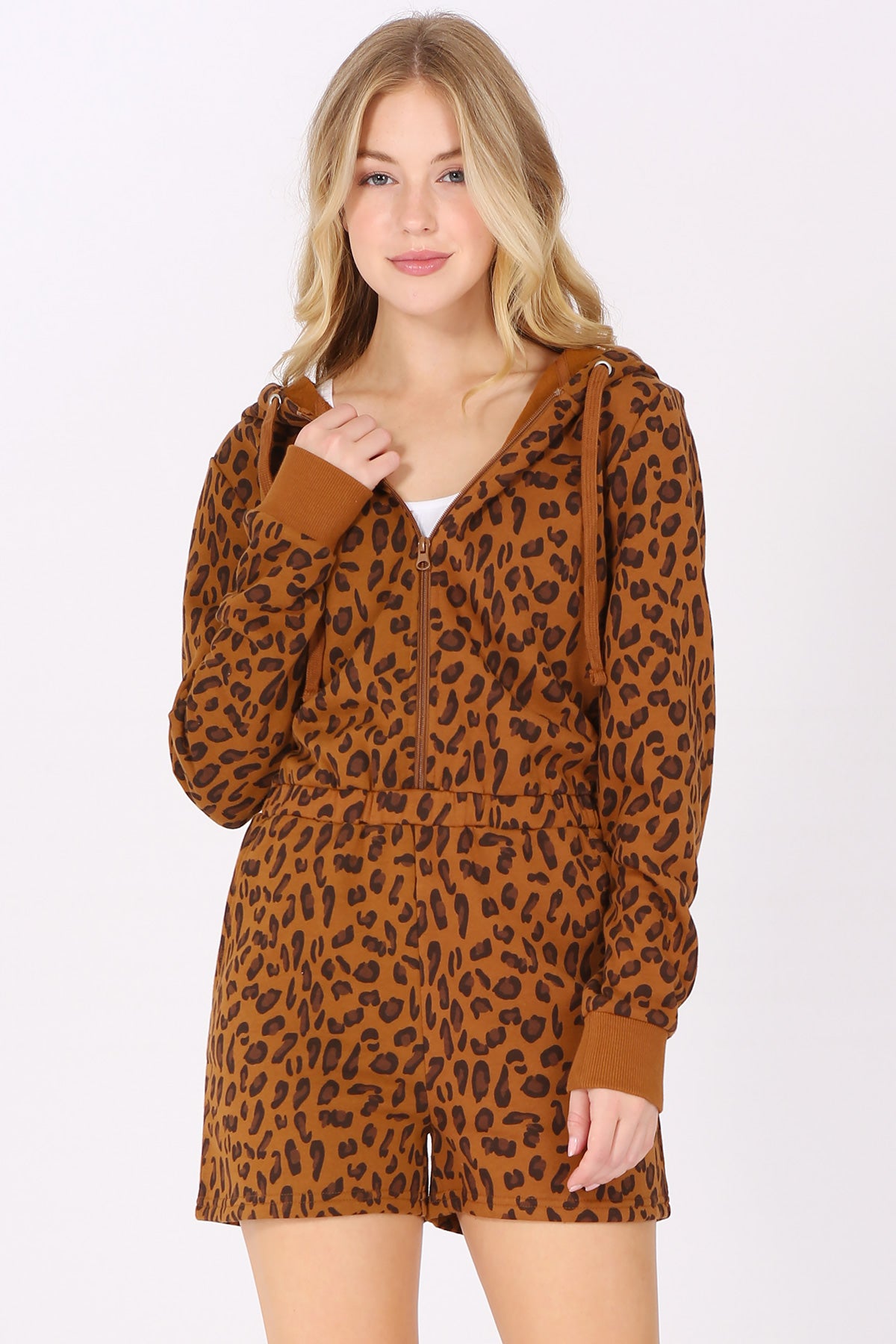 Fleece Animal Print Zip Up Hoodie Romper