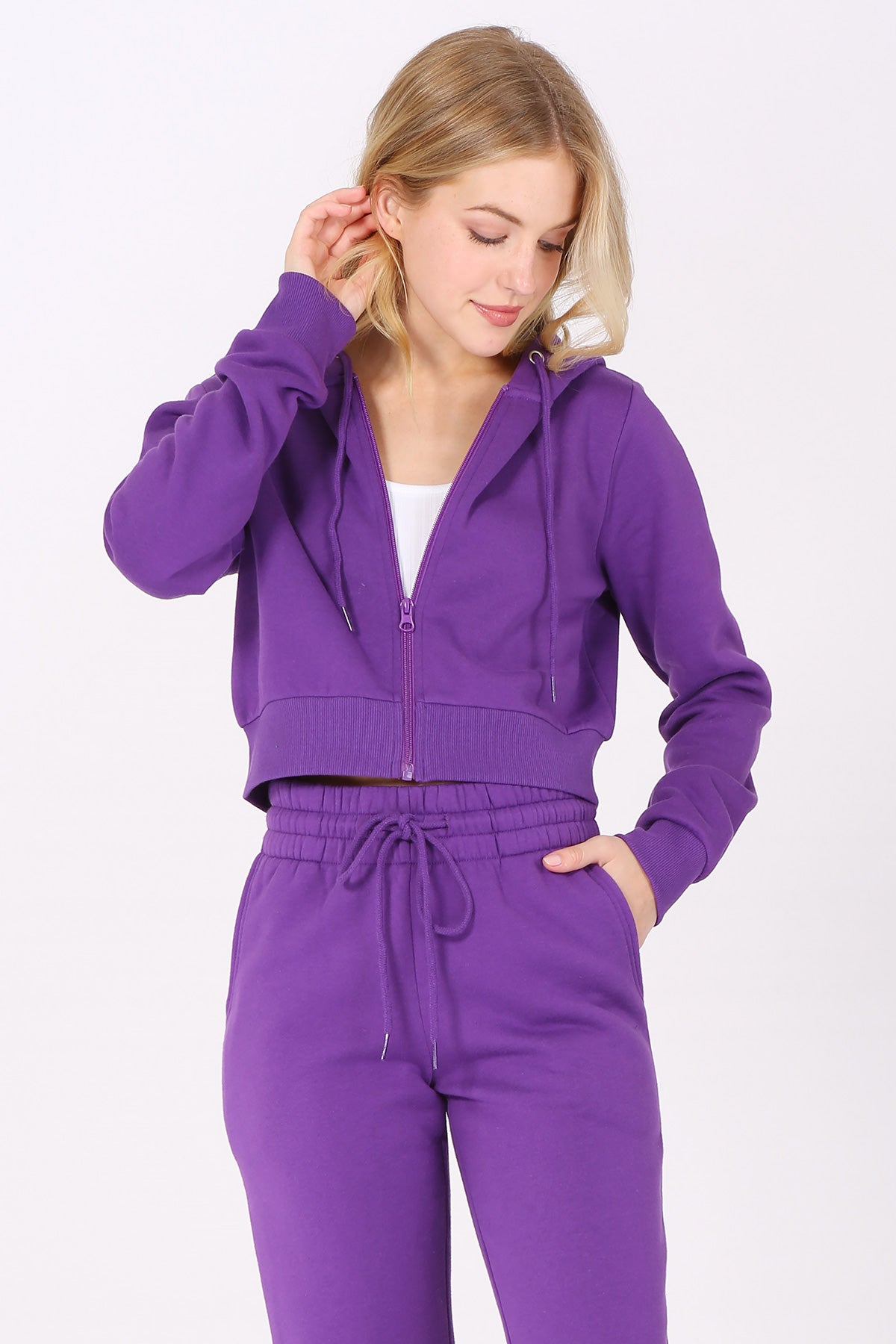 Cropped Fleece Zip Up Hoodie