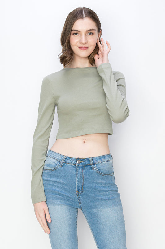 Cropped Long Sleeve Mini Rib T Shirt