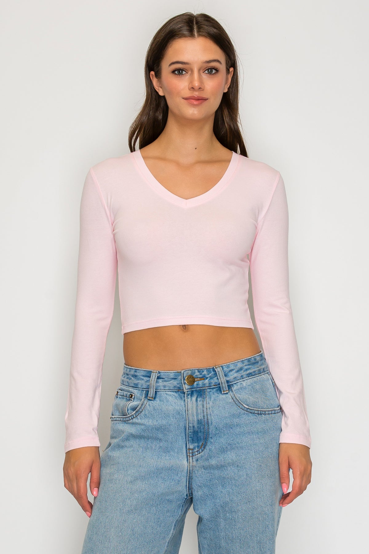 V-Neck Long Sleeve Crop T-Shirt