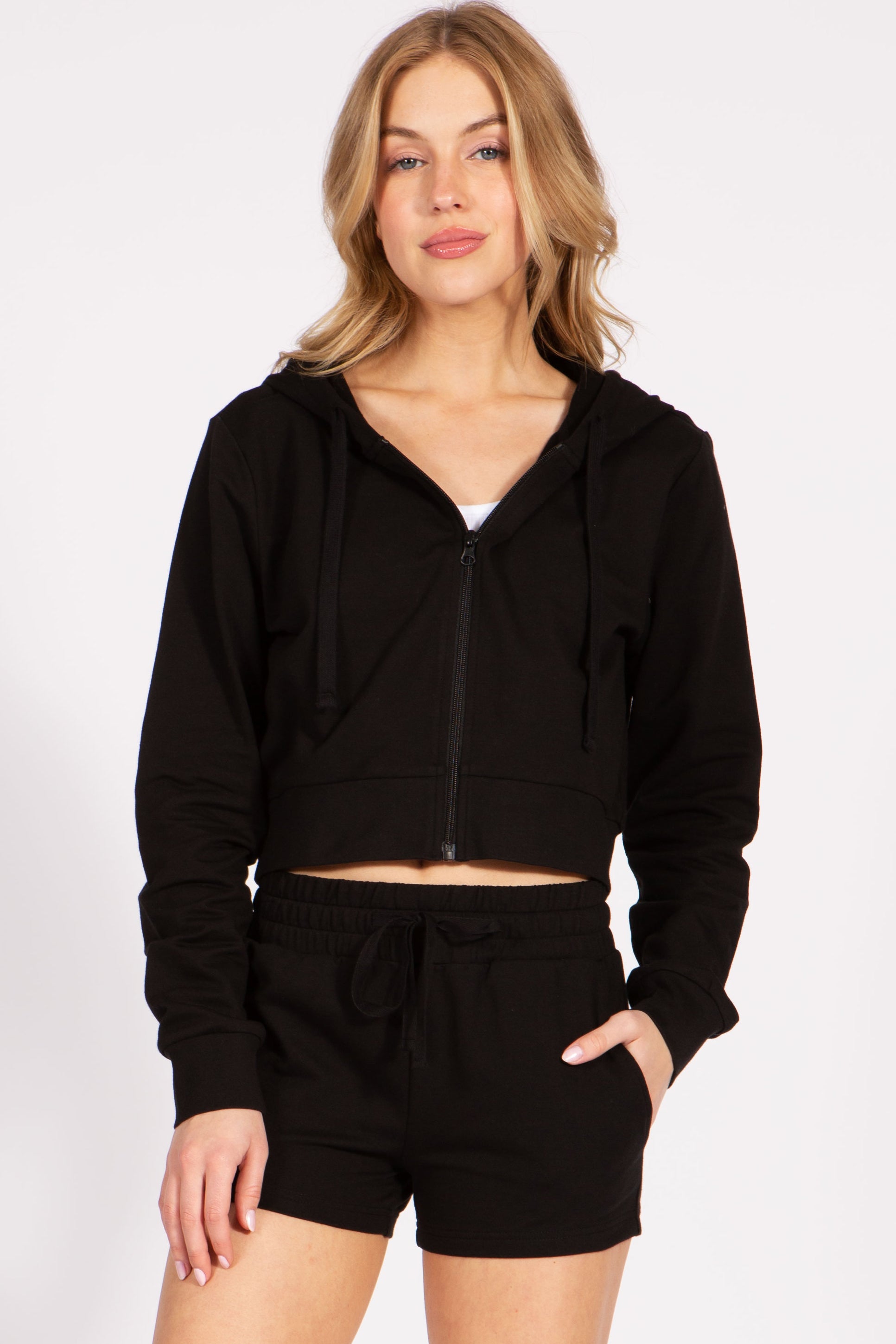 Cropped Zip-Up French Terry Hoodie Jacket – Rosio - Main Image
