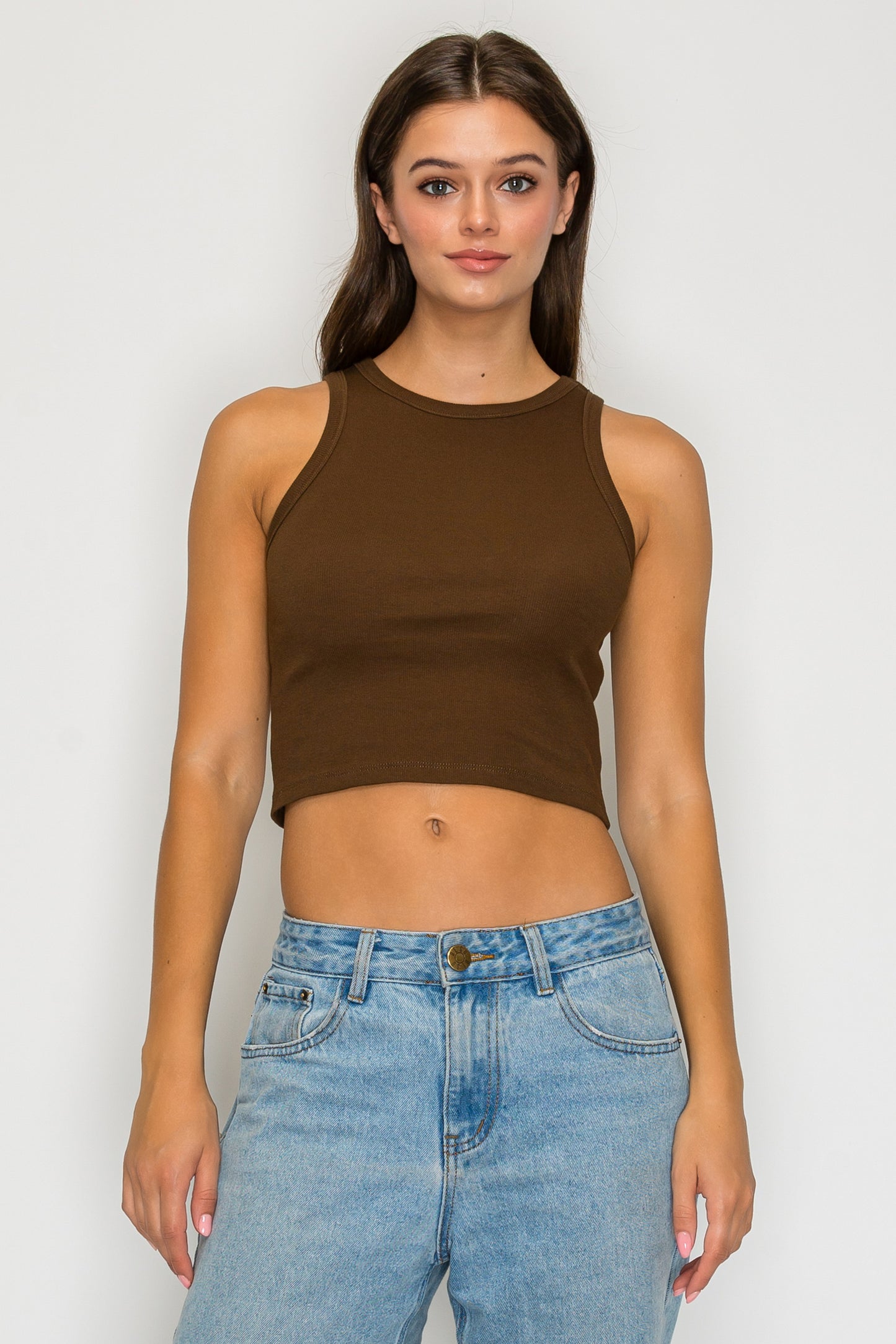 Cropped High Neck Ribbed Tank Top