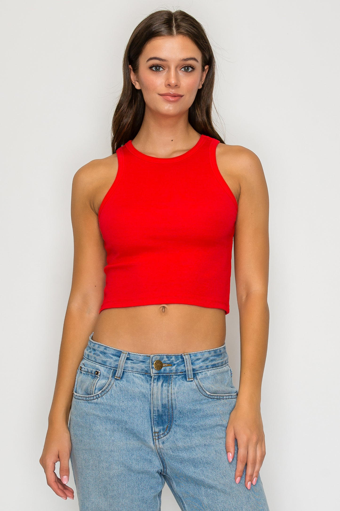 Cropped High Neck Ribbed Tank Top