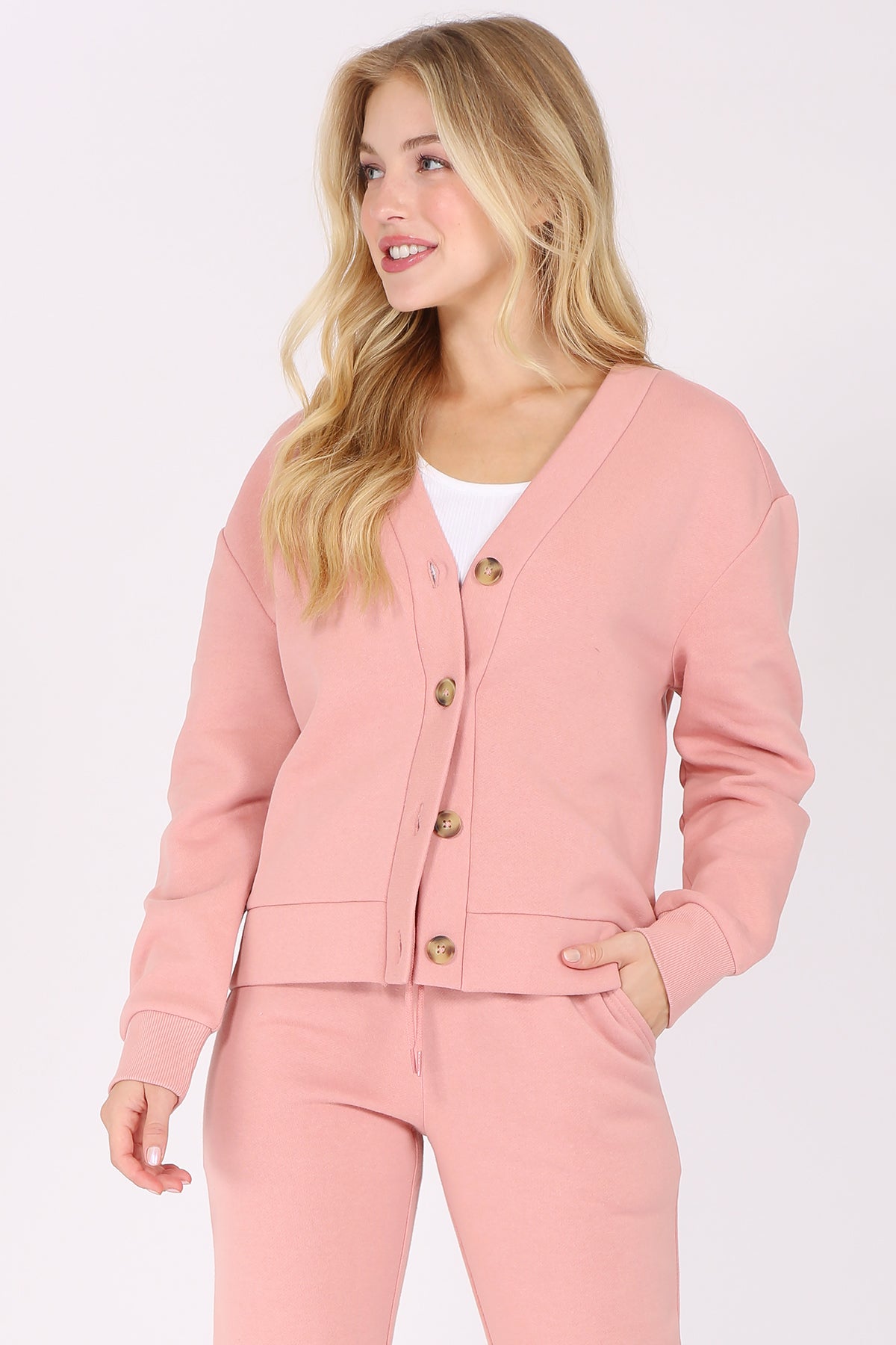 V Neck Button Front Fleece Cardigan