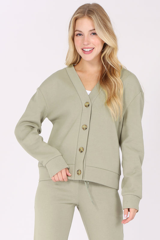 V Neck Button Front Fleece Cardigan