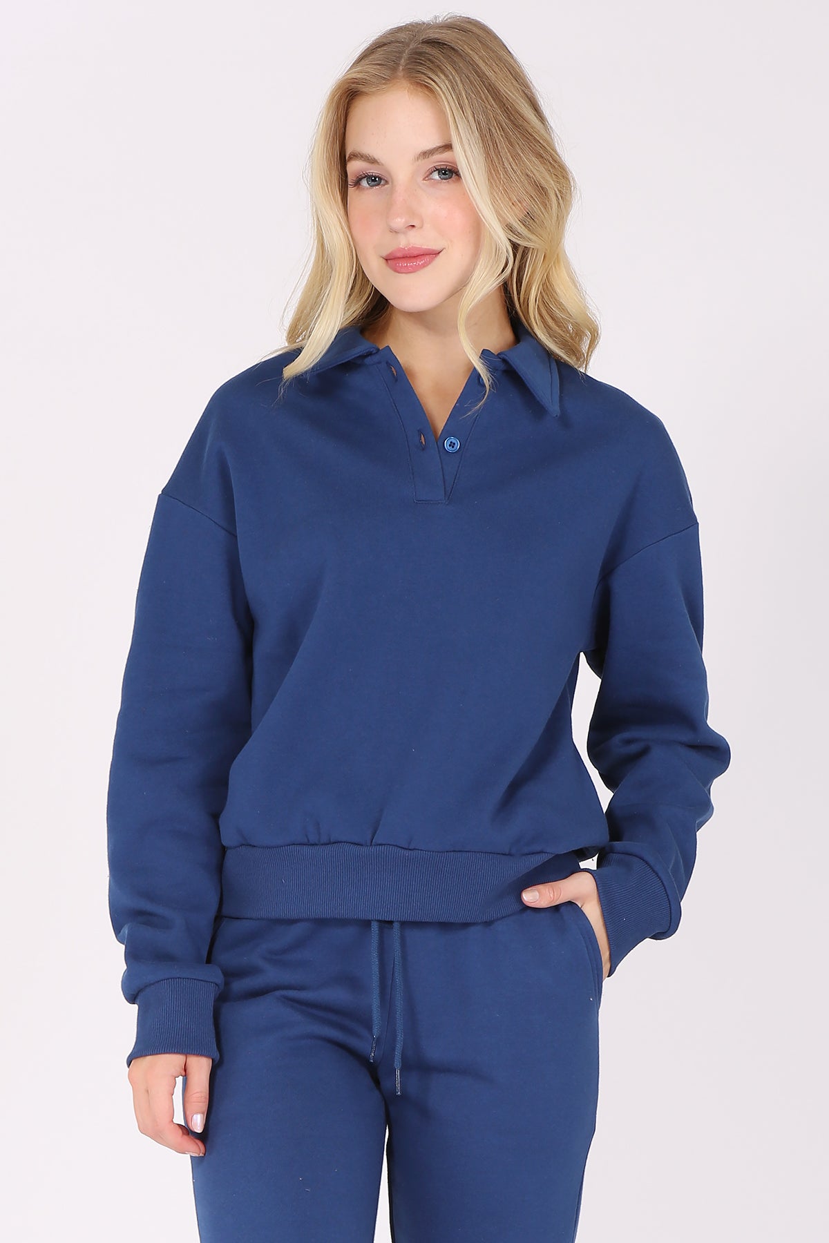 Solid Fleece Polo Sweatshirt