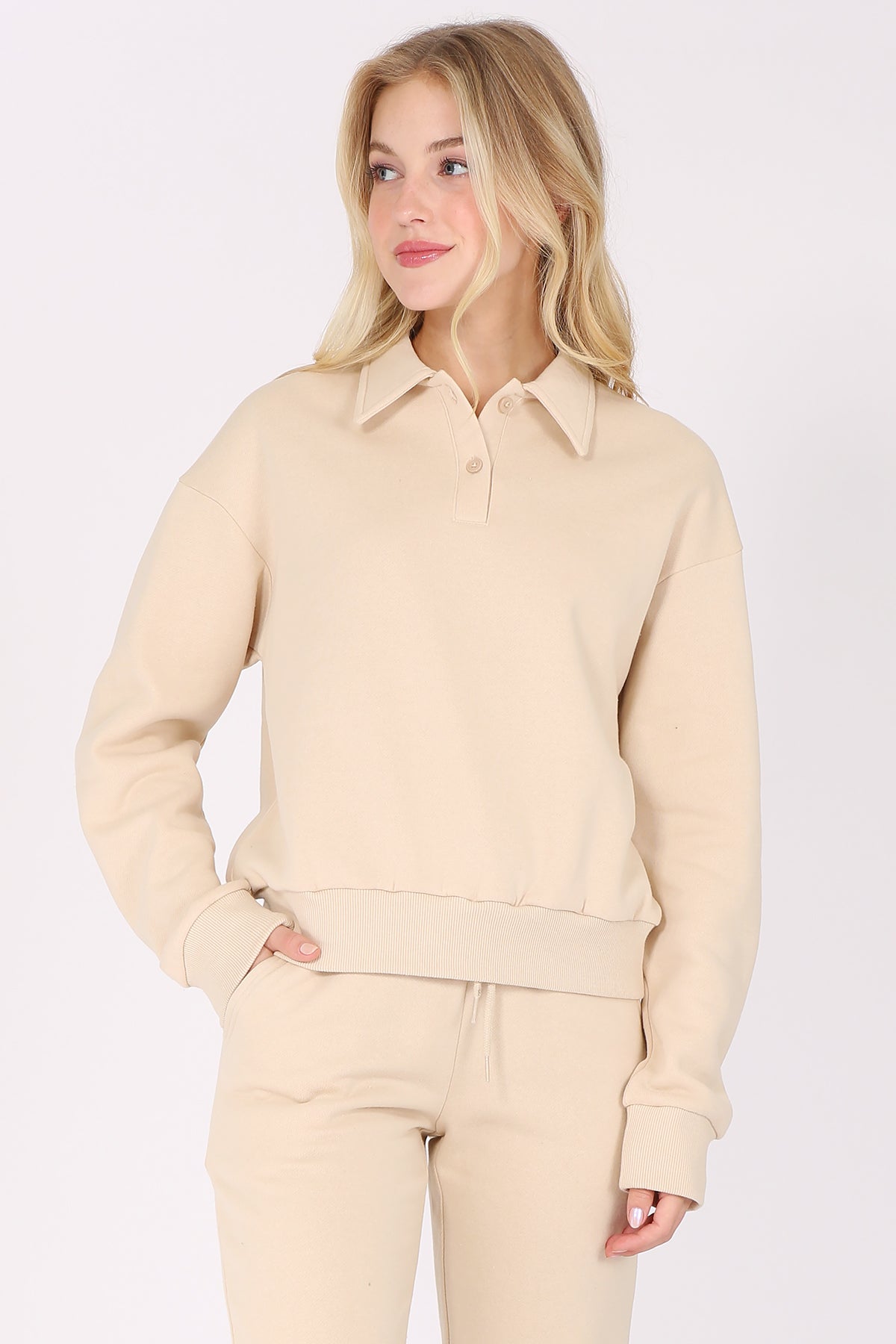 Solid Fleece Polo Sweatshirt