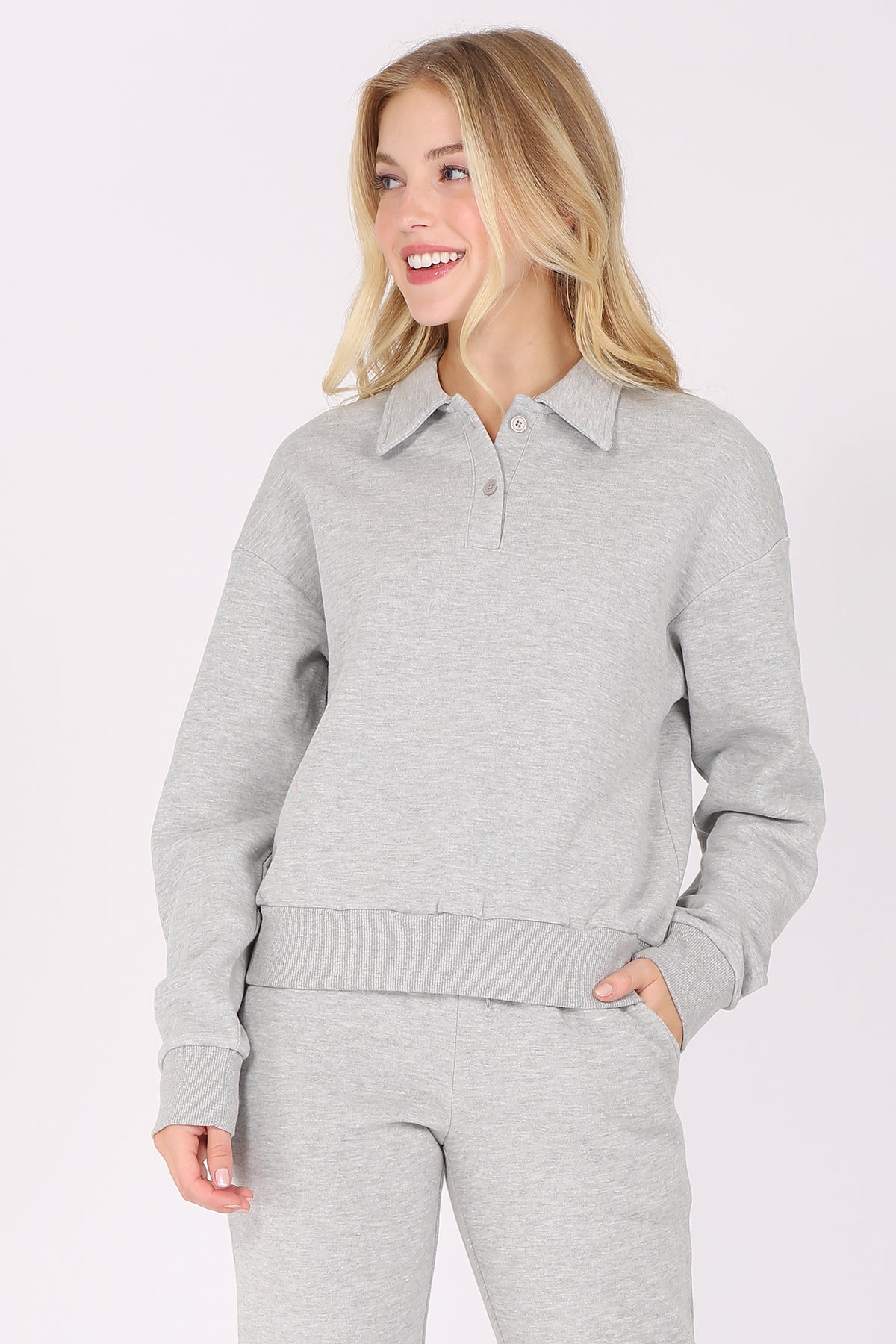 Solid Fleece Polo Sweatshirt