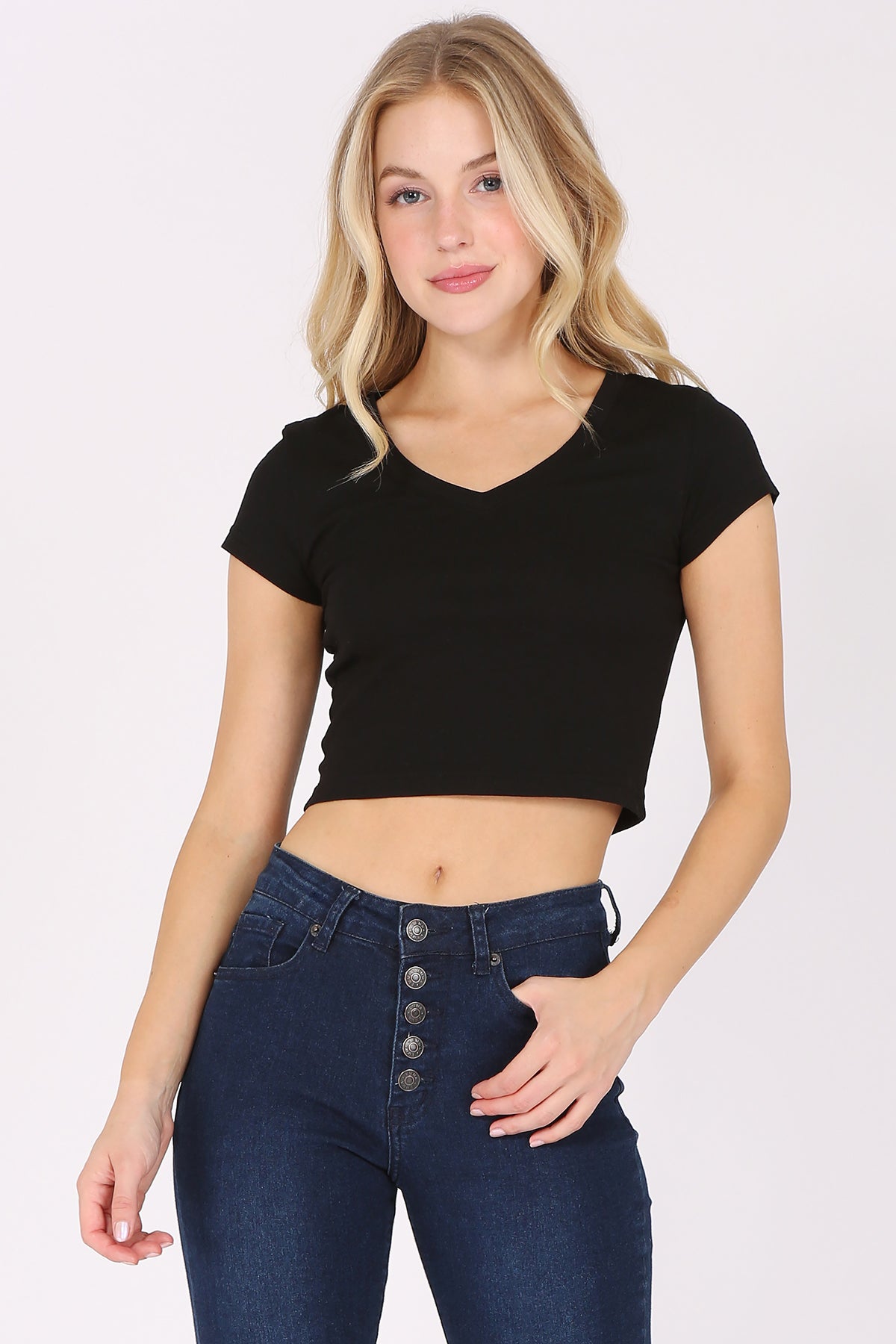 Short Sleeve V-Neck Baby Tee Crop Top T-Shirt