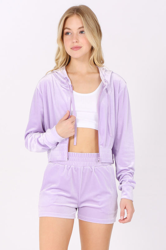 Solid Crop Velour Zip Up Hoodie