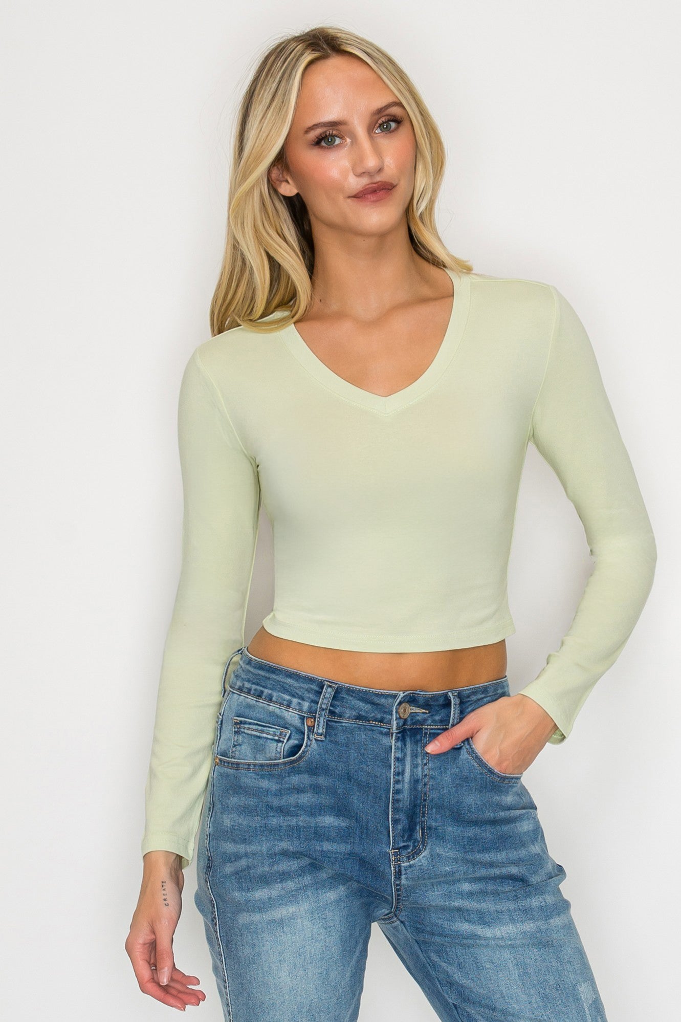 V-Neck Long Sleeve Crop T-Shirt