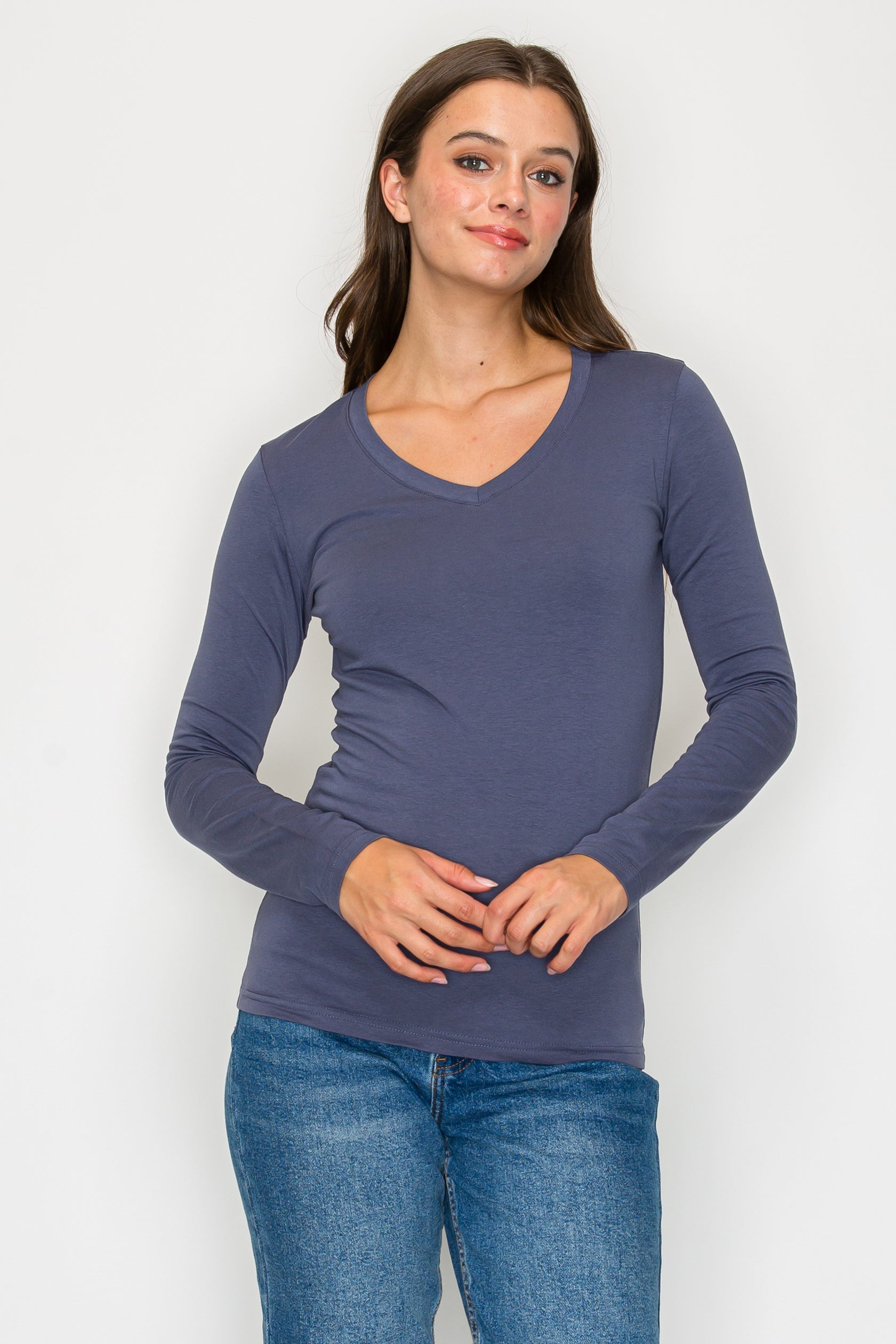 Tシャツ・カットソー RONRON V NECK SLIM LONG SLEEVE BLUE Basic Long Sleeve V-Neck Tee – Rosio