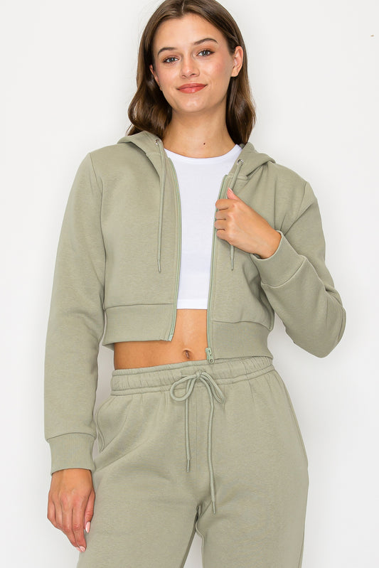 Cropped Fleece Zip Up Hoodie