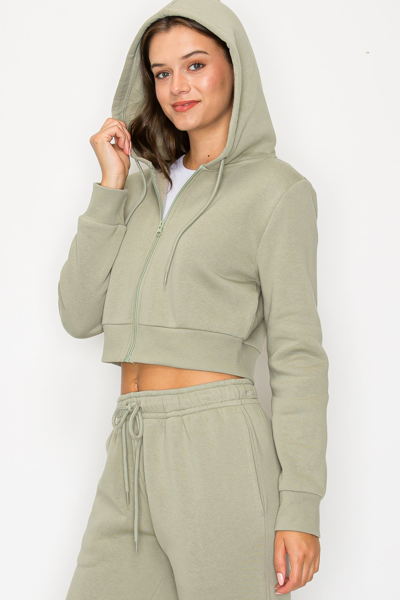 Cropped Fleece Zip Up Hoodie