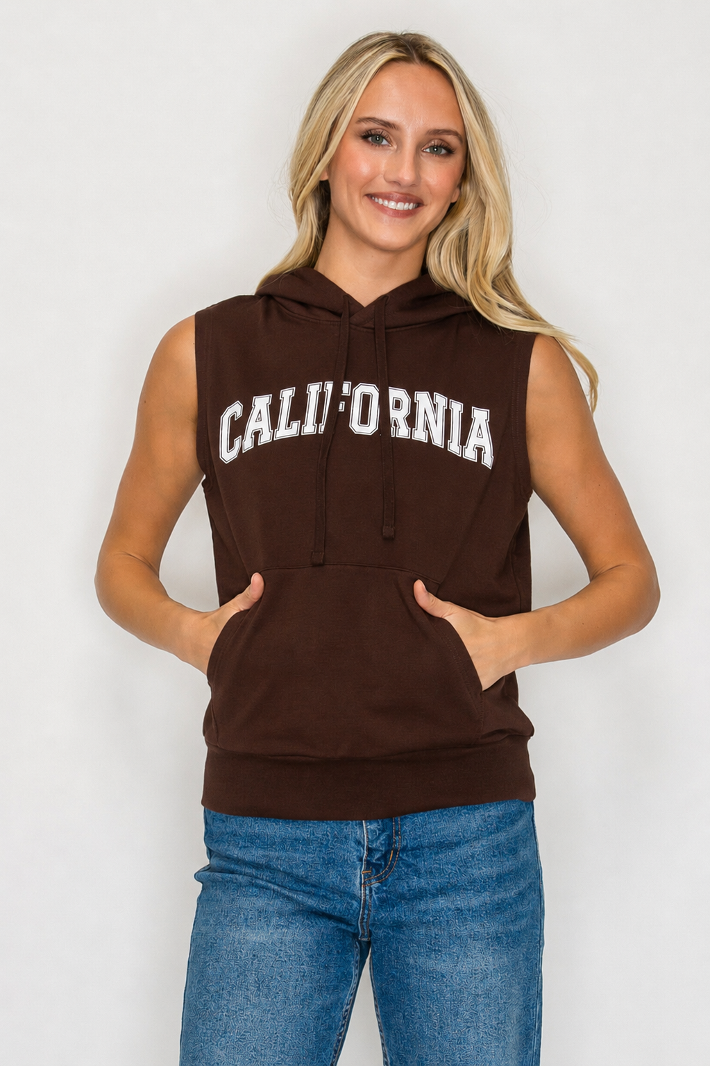 French Terry Sleeveless Pullover Hoodie w/ California Print