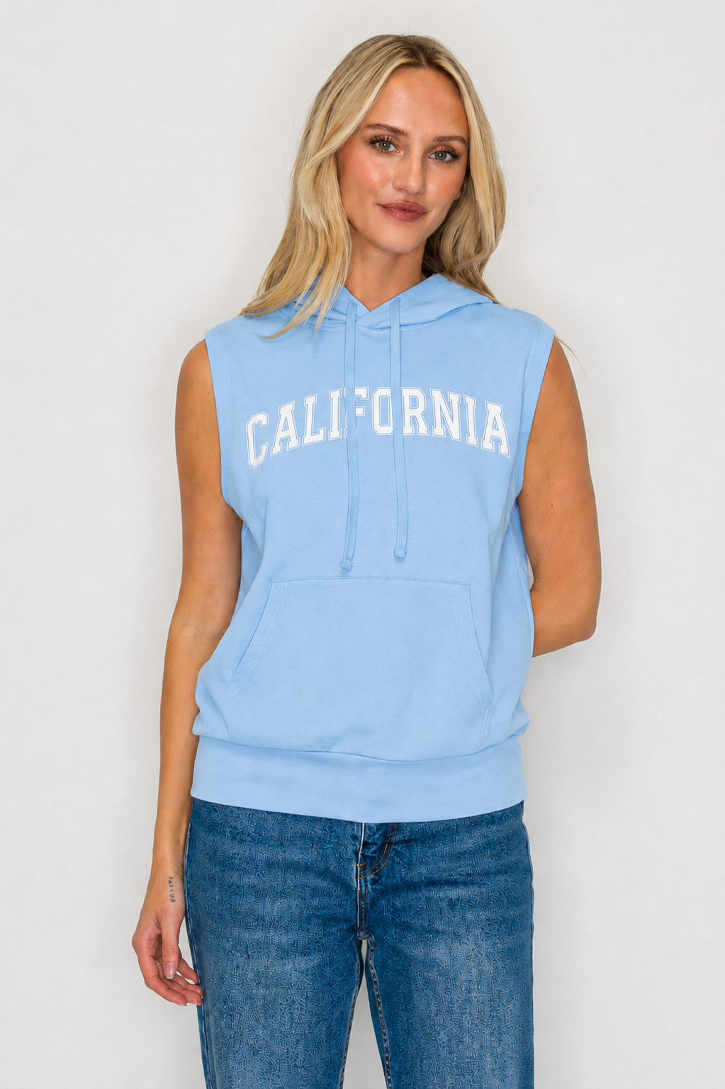 French Terry Sleeveless Pullover Hoodie w/ California Print