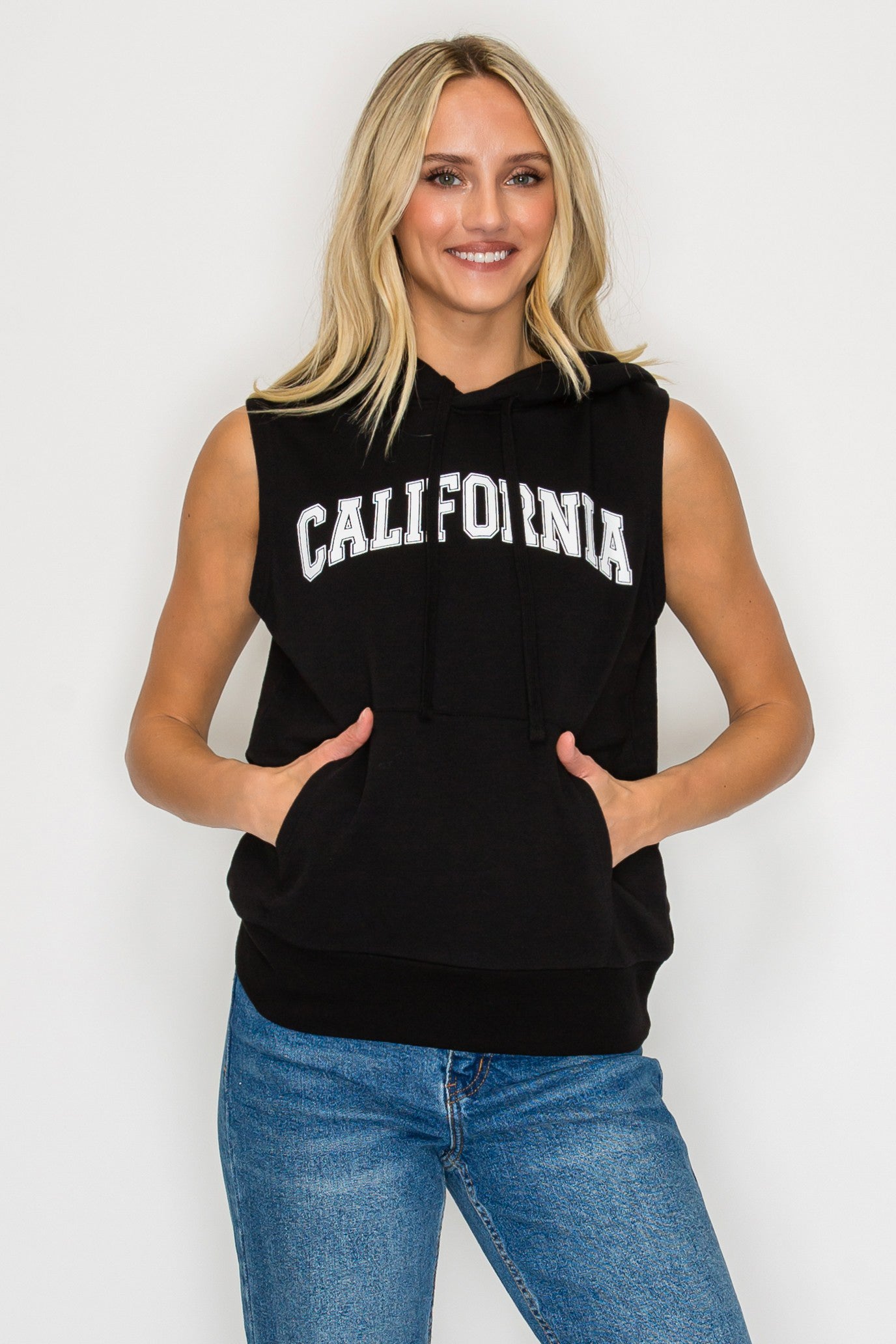 French Terry Sleeveless Pullover Hoodie w/ California Print