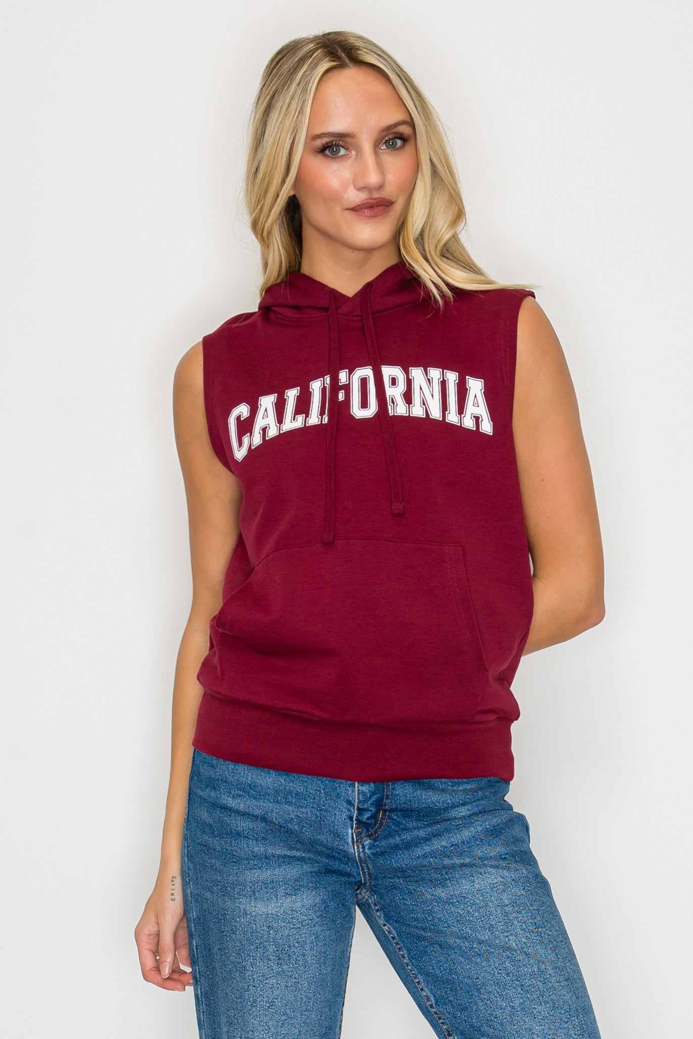 French Terry Sleeveless Pullover Hoodie w/ California Print