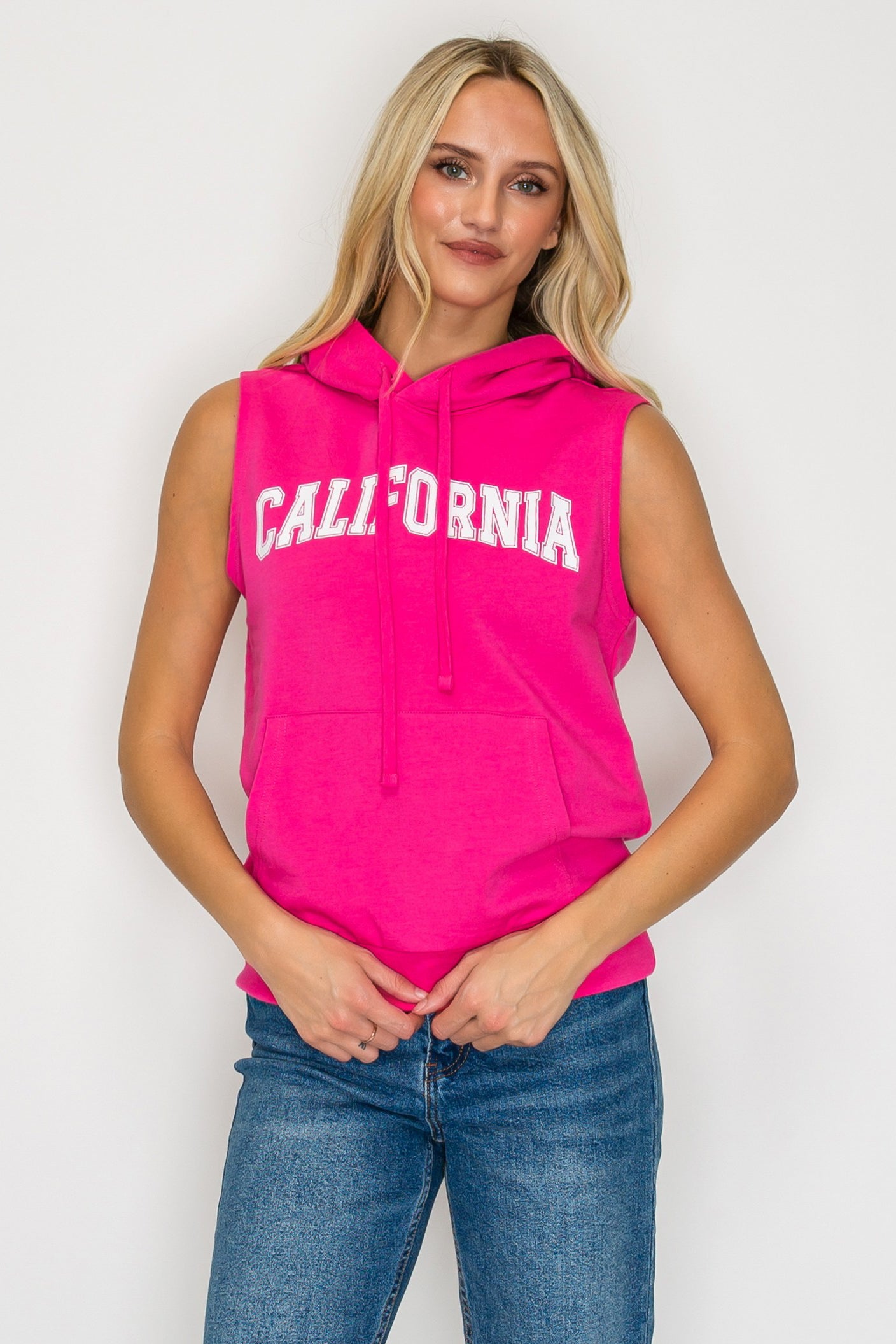 French Terry Sleeveless Pullover Hoodie w/ California Print