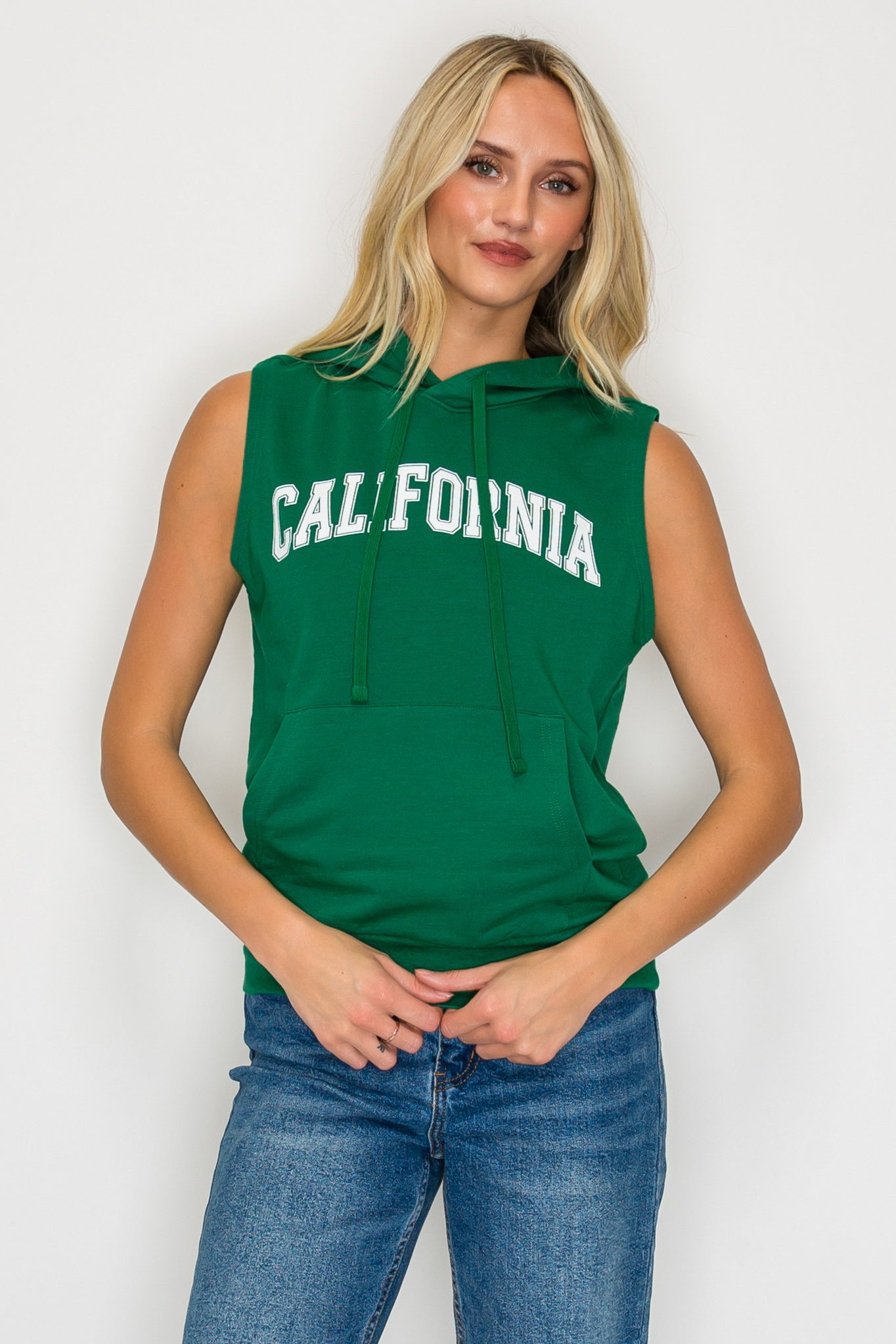 French Terry Sleeveless Pullover Hoodie w/ California Print