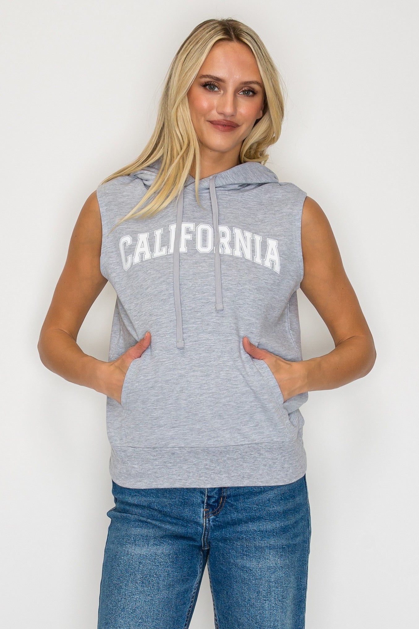 French Terry Sleeveless Pullover Hoodie w/ California Print