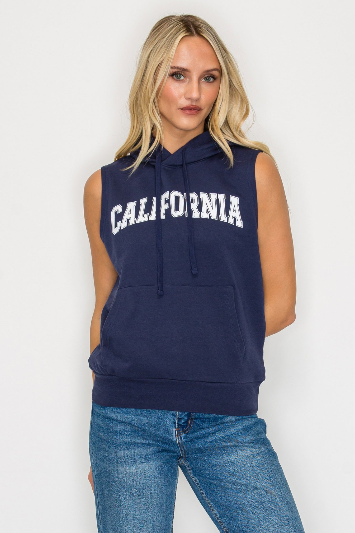 French Terry Sleeveless Pullover Hoodie w/ California Print