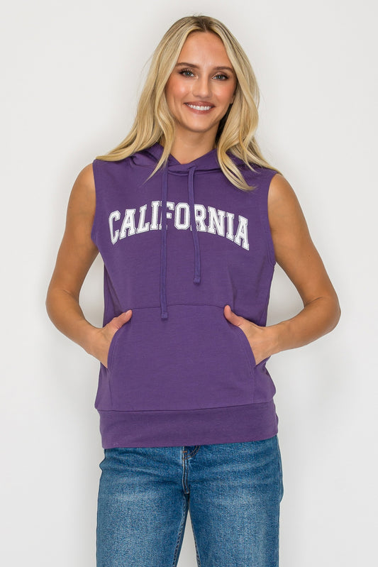 French Terry Sleeveless Pullover Hoodie w/ California Print