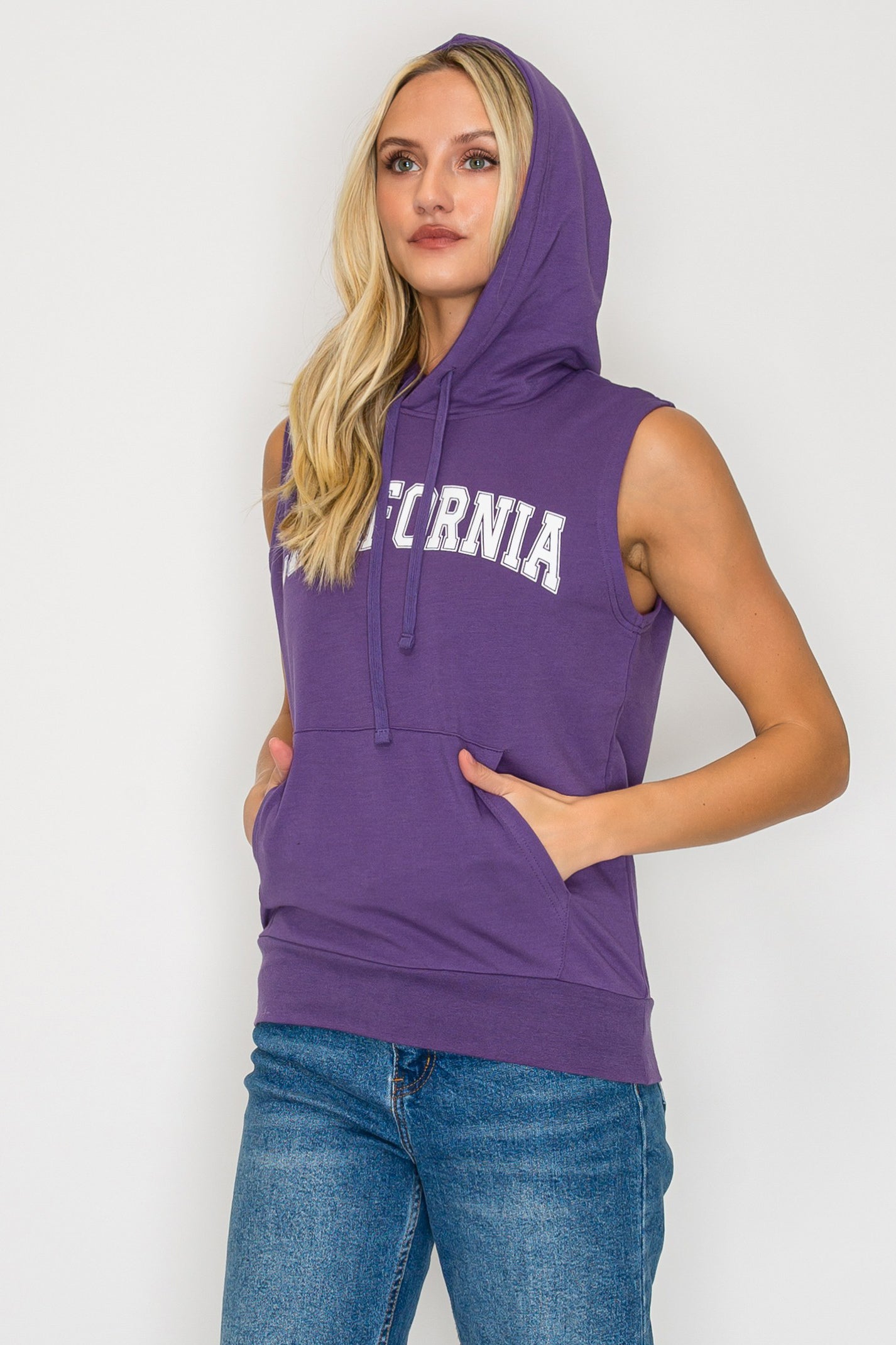 French Terry Sleeveless Pullover Hoodie w/ California Print